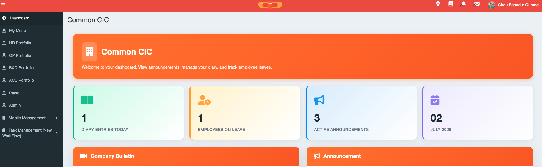 Cleaning Innovation Centre ERP dashboard